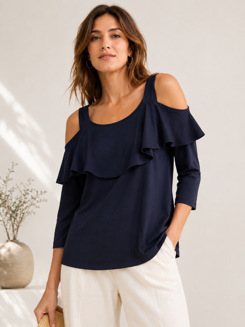 Clara Sun Woo Black/Navy Cold Shoulder Ruffle Top 3/4 Sleeve Cotton Modal M NWT